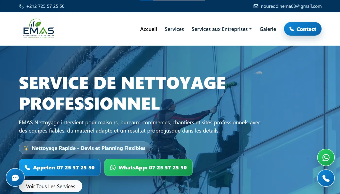 Capture du site EMAS Nettoyage, site vitrine réalisé par Wevtex